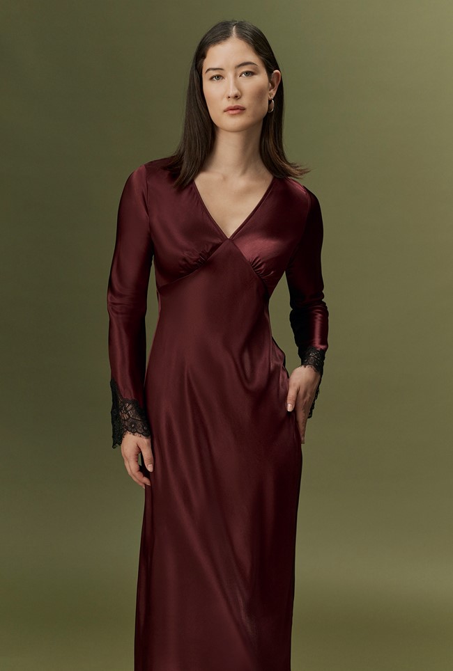 Flori V-Neck Lace Trim Satin Midi Dress