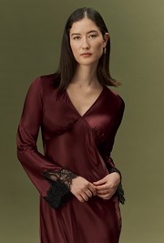 Flori V-Neck Lace Trim Satin Midi Dress
