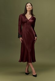 Flori V-Neck Lace Trim Satin Midi Dress