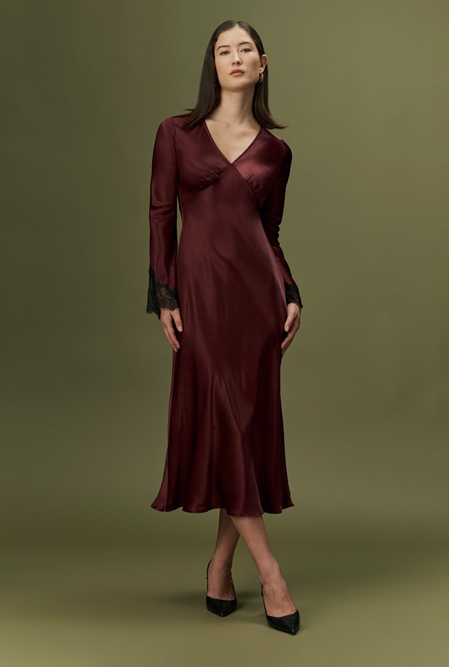 Flori V-Neck Lace Trim Satin Midi Dress
