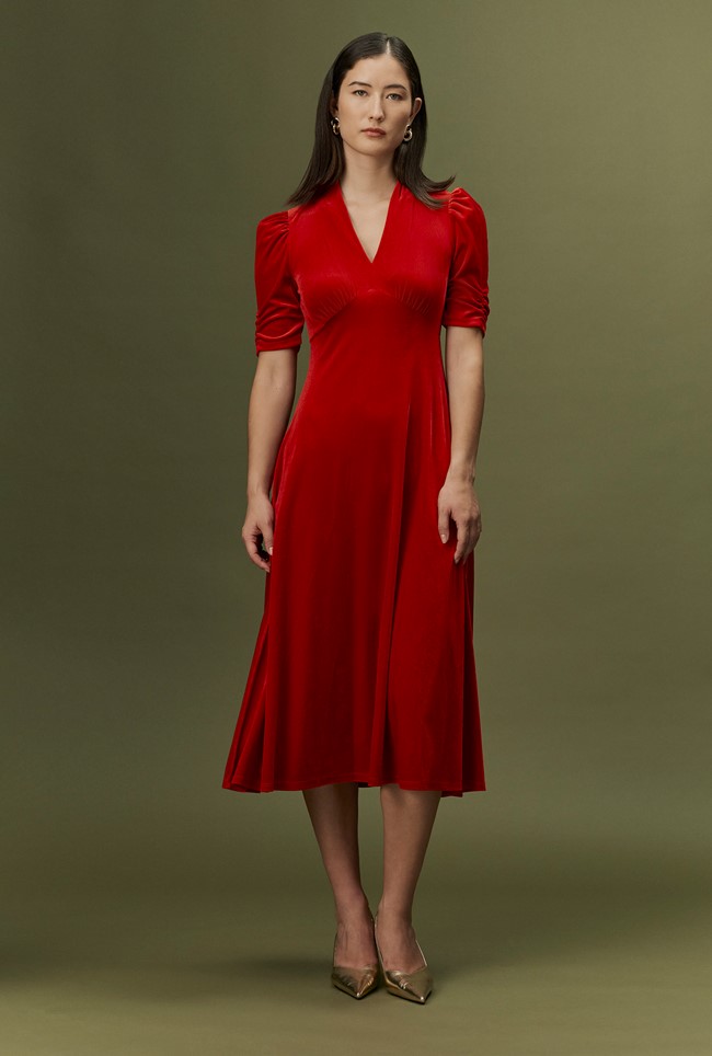 Ella Velvet V Neck Midi Dress
