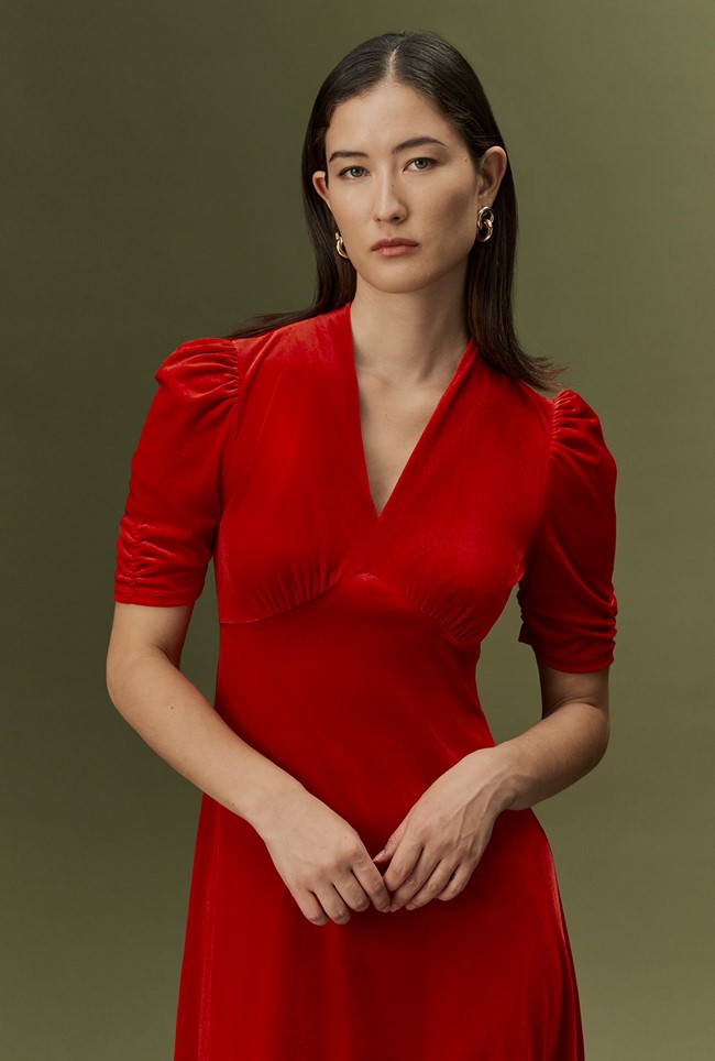 Ella Velvet V Neck Midi Dress