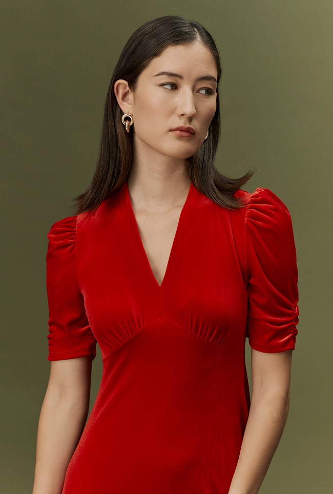 Ella Velvet V Neck Midi Dress