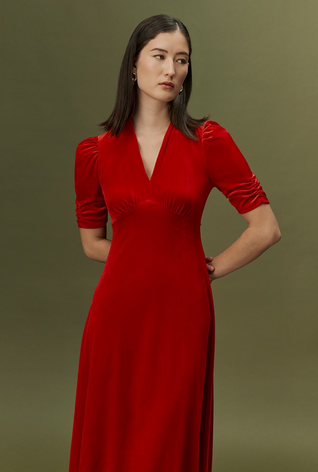 Ella Velvet V Neck Midi Dress