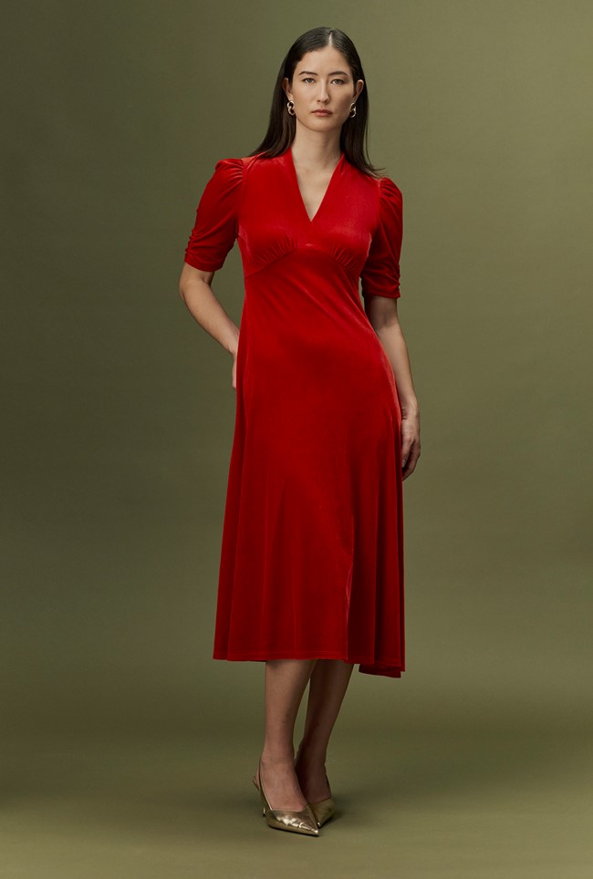 Ella Velvet V Neck Midi Dress