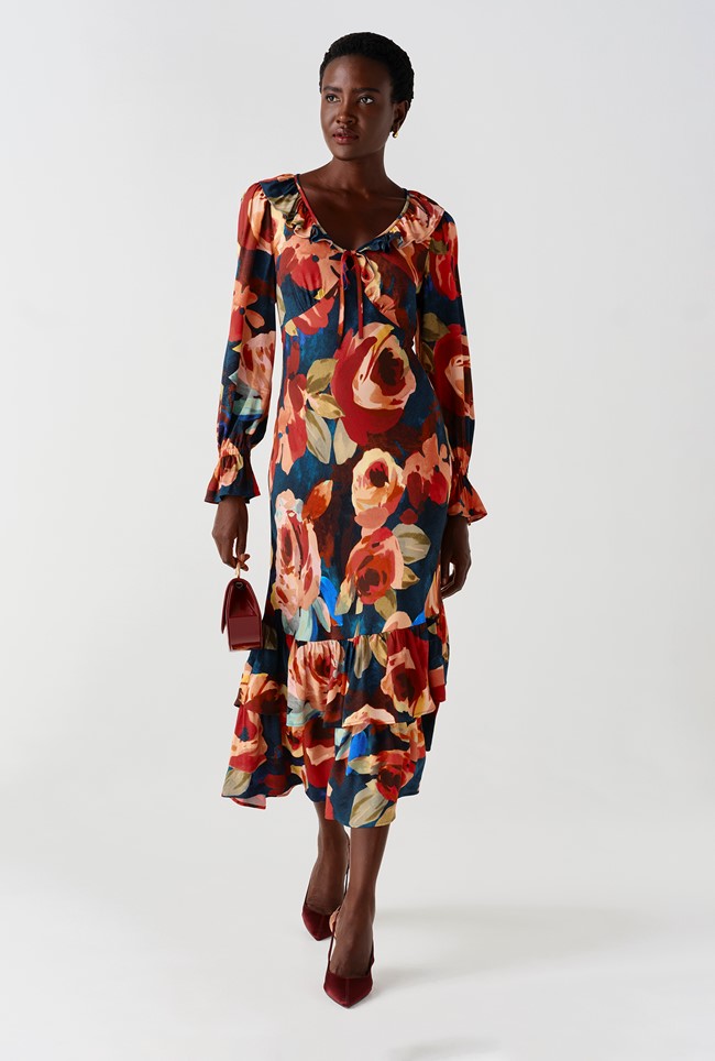 Melina Crepe Ruffle Hem Midi Dress