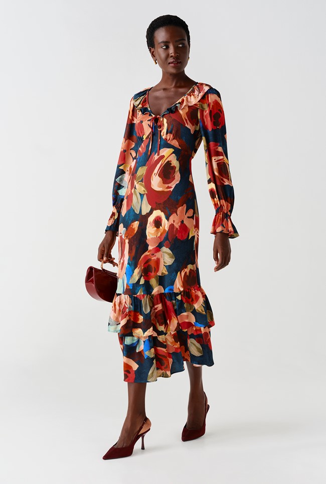 Melina Crepe Ruffle Hem Midi Dress