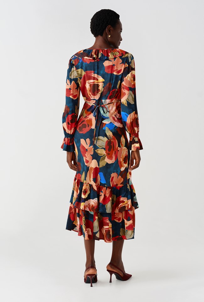 Melina Crepe Ruffle Hem Midi Dress