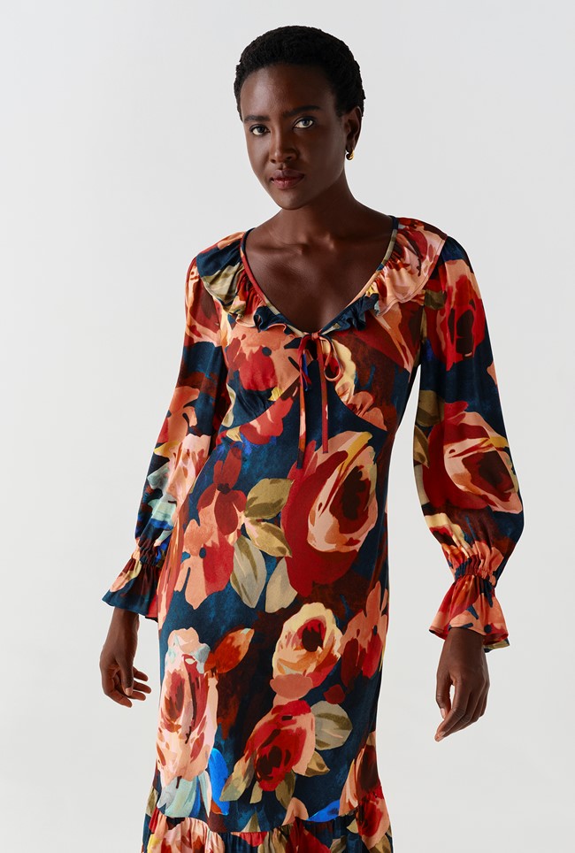 Melina Crepe Ruffle Hem Midi Dress