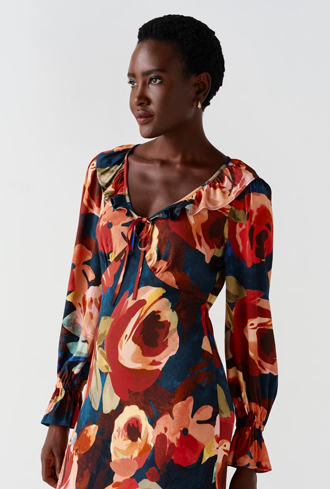 Melina Crepe Ruffle Hem Midi Dress