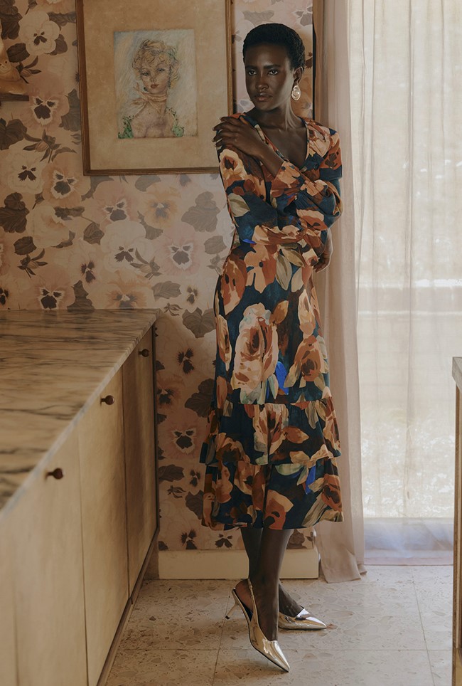 Melina Crepe Ruffle Hem Midi Dress
