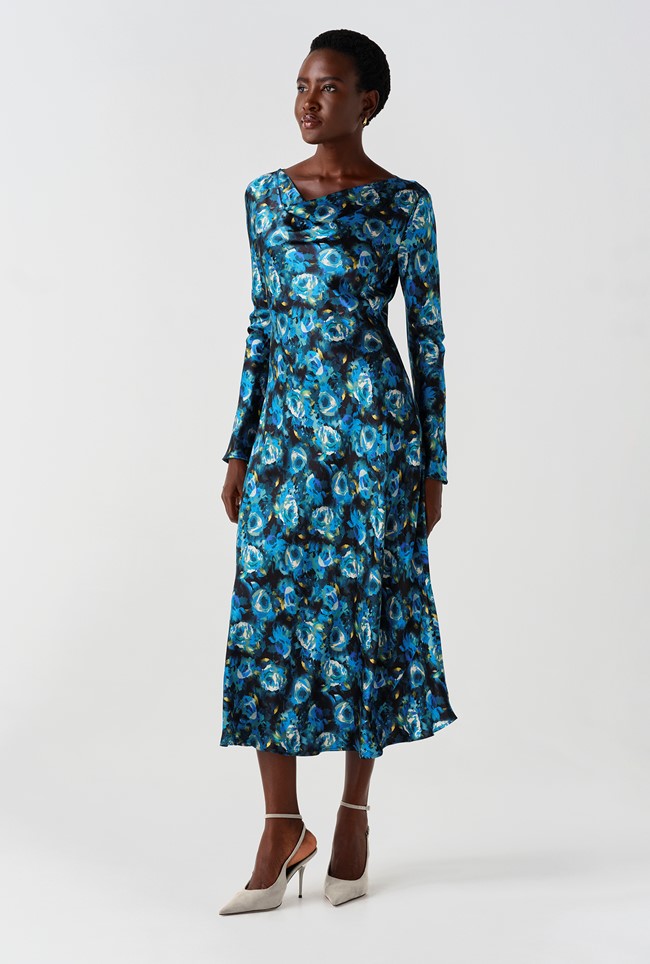 Immie Cowl Neck Printed Satin Midi Dress