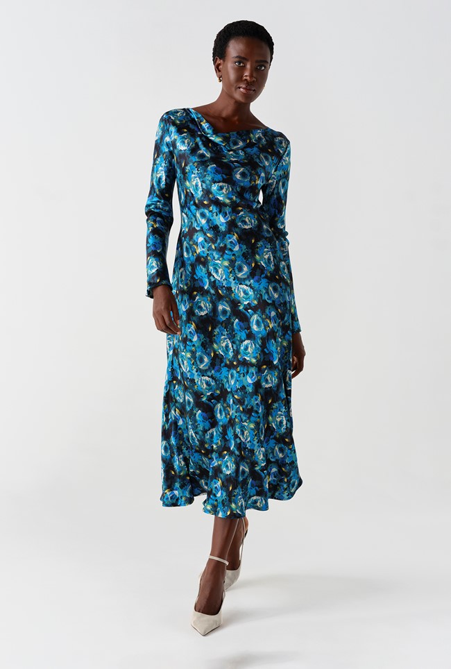 Immie Cowl Neck Printed Satin Midi Dress