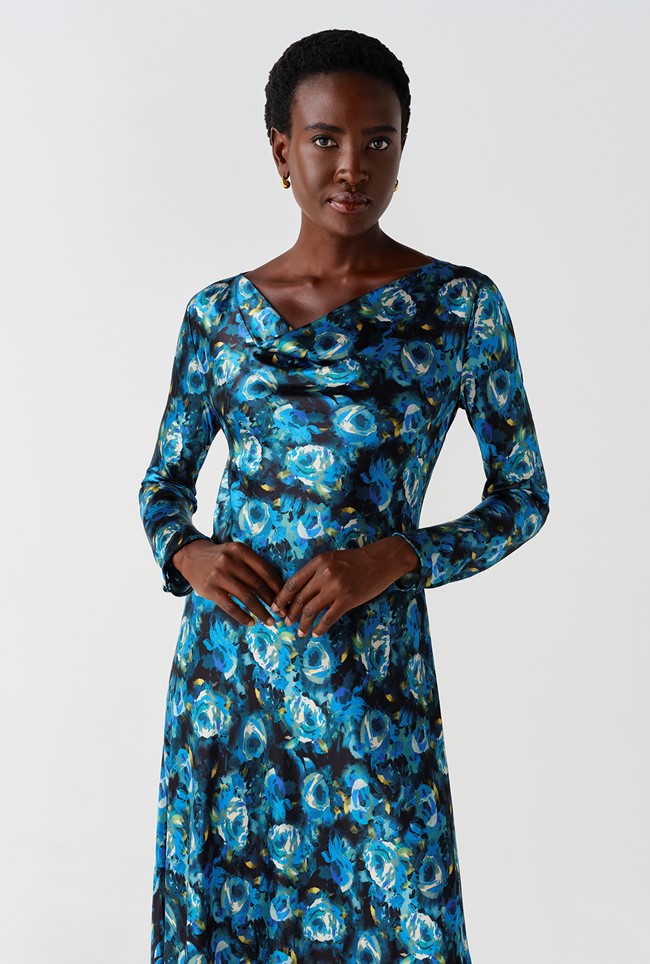 Immie Cowl Neck Printed Satin Midi Dress