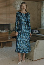 Immie Cowl Neck Printed Satin Midi Dress