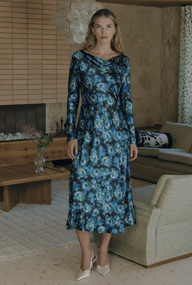 Immie Cowl Neck Printed Satin Midi Dress