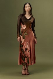 Caitlin Printed Long Sleeve Satin Midi Dress