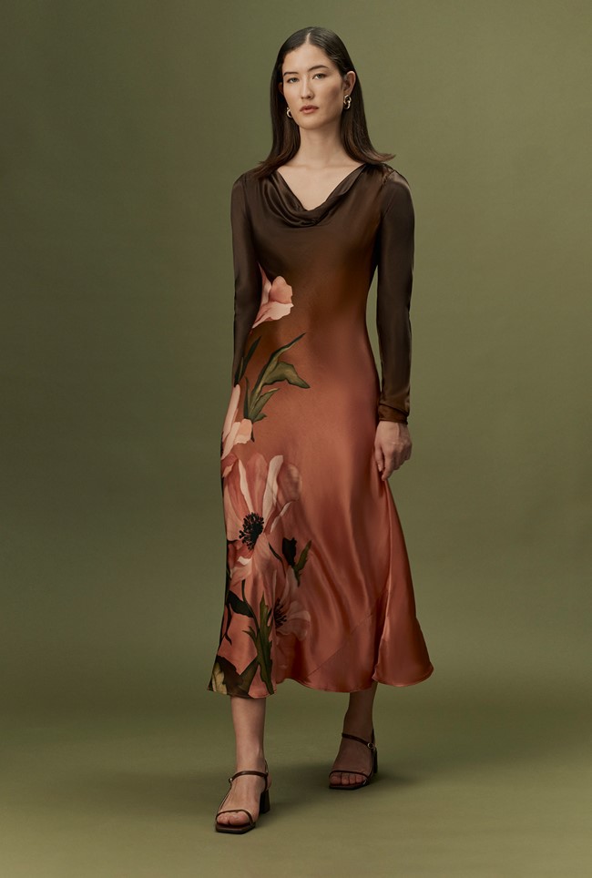 Caitlin Printed Long Sleeve Satin Midi Dress