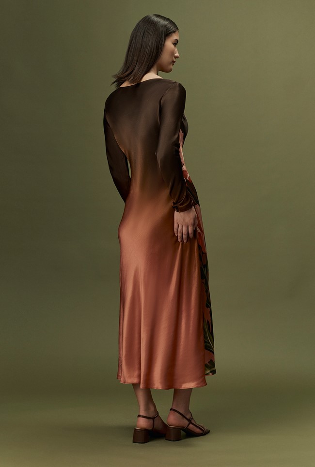 Caitlin Printed Long Sleeve Satin Midi Dress