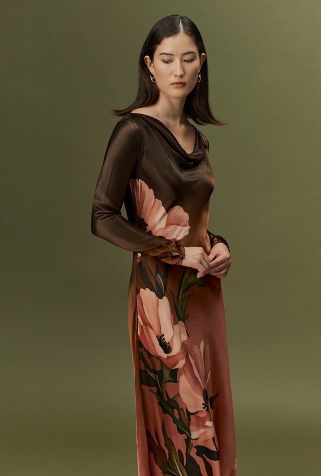 Caitlin Printed Long Sleeve Satin Midi Dress