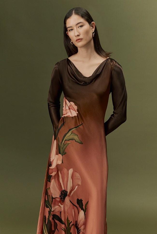Caitlin Printed Long Sleeve Satin Midi Dress