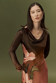 Caitlin Printed Long Sleeve Satin Midi Dress