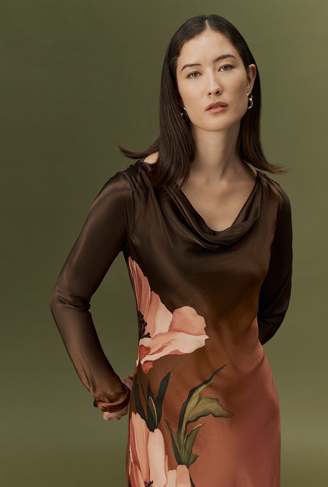 Caitlin Printed Long Sleeve Satin Midi Dress