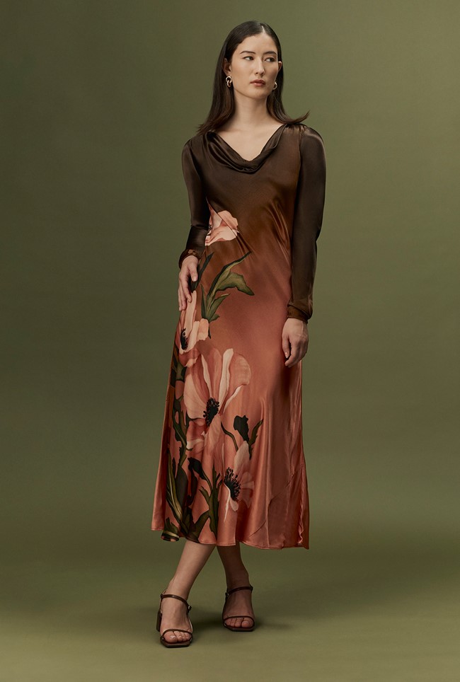 Caitlin Printed Long Sleeve Satin Midi Dress