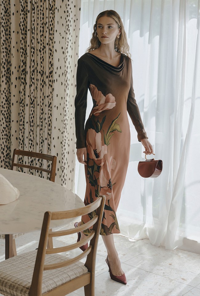 Caitlin Printed Long Sleeve Satin Midi Dress