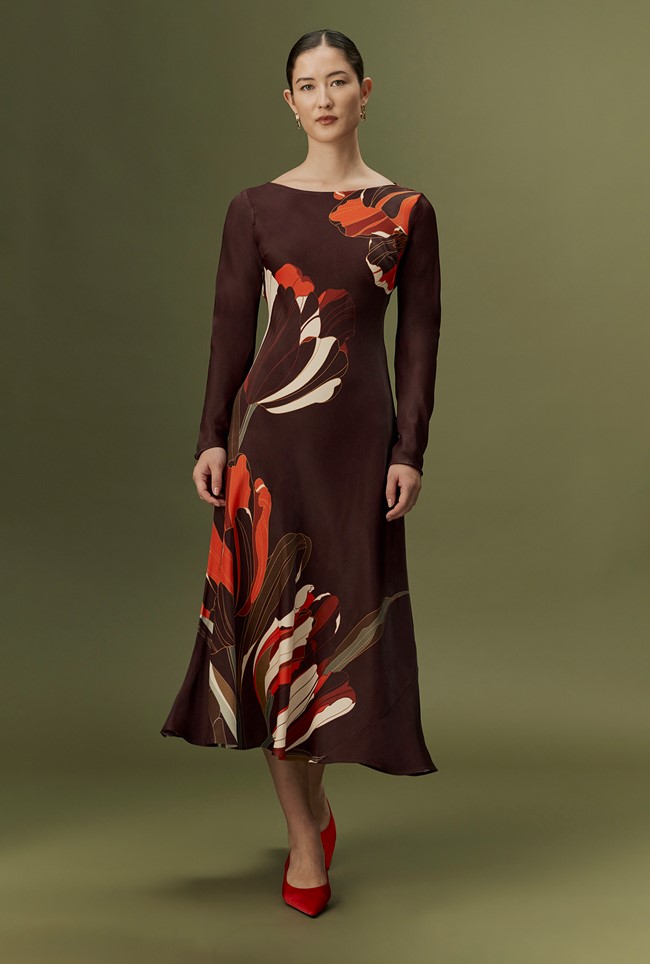 Gigi Floral Printed Long Sleeve Satin Midi Dress