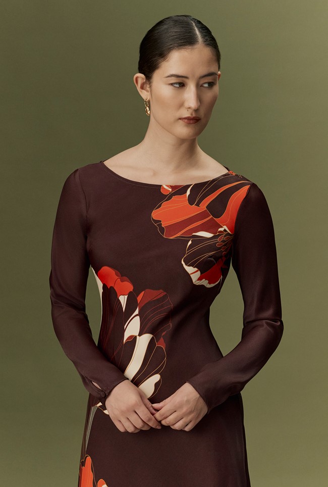 Gigi Floral Printed Long Sleeve Satin Midi Dress