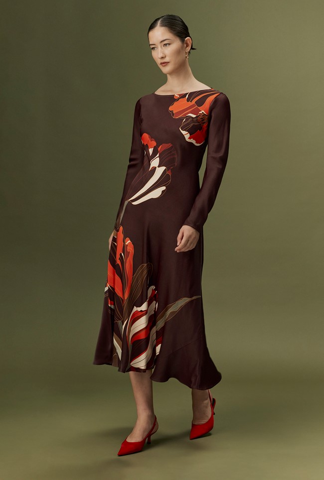 Gigi Floral Printed Long Sleeve Satin Midi Dress
