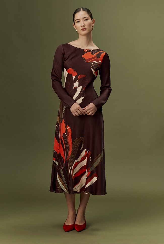 Gigi Floral Printed Long Sleeve Satin Midi Dress