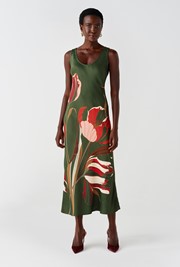 Palm Floral Printed Satin Slip Midi Dress