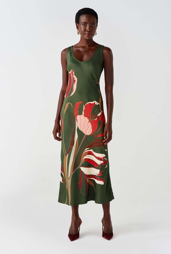 Palm Floral Printed Satin Slip Midi Dress