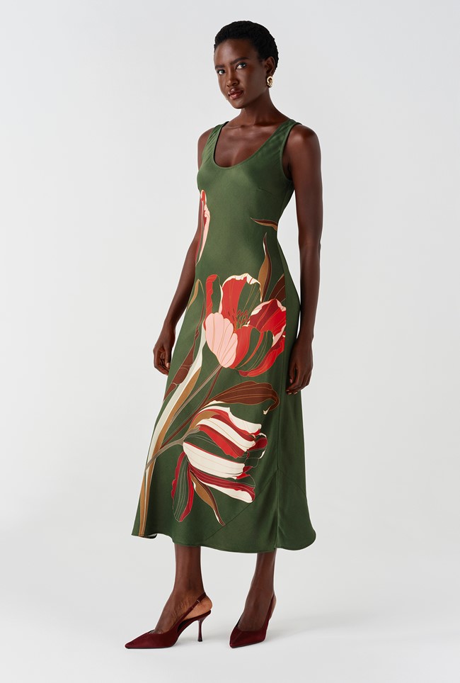 Palm Floral Printed Satin Slip Midi Dress