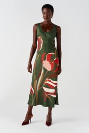 Palm Floral Printed Satin Slip Midi Dress