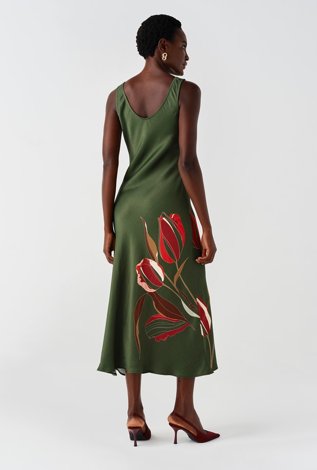 Palm Floral Printed Satin Slip Midi Dress