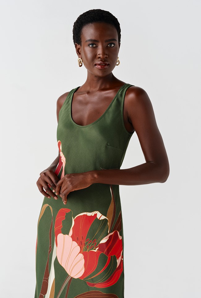 Palm Floral Printed Satin Slip Midi Dress