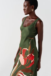 Palm Floral Printed Satin Slip Midi Dress