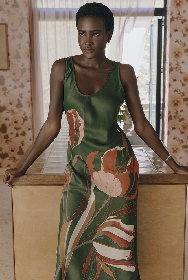 Palm Floral Printed Satin Slip Midi Dress
