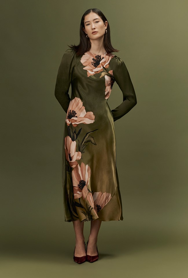 Christine Large Floral Satin Midi Dress