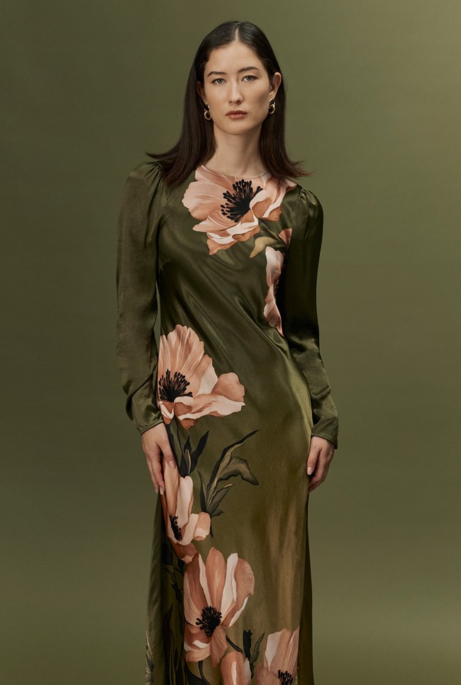 Christine Large Floral Satin Midi Dress