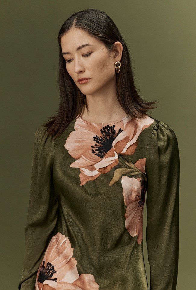 Christine Large Floral Satin Midi Dress