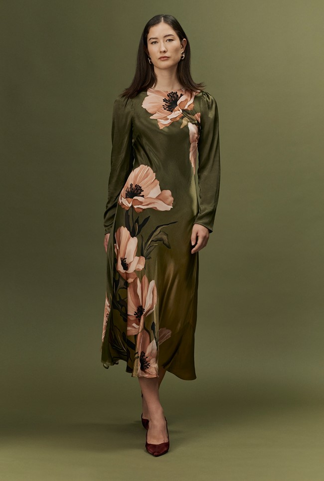 Christine Large Floral Satin Midi Dress