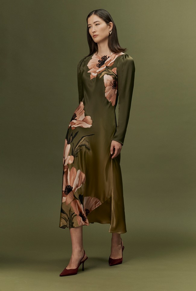 Christine Large Floral Satin Midi Dress
