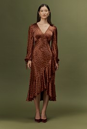 Holly Spot Print Frill Hem Satin Midi Dress