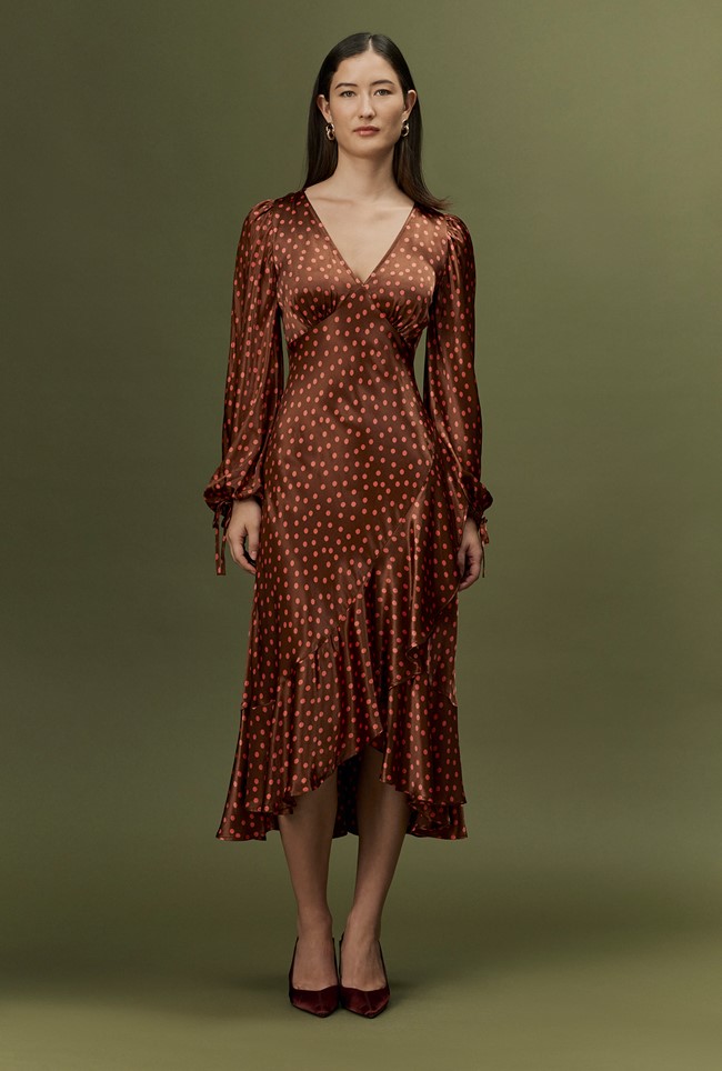 Holly Spot Print Frill Hem Satin Midi Dress