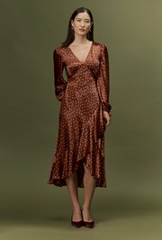Holly Spot Print Frill Hem Satin Midi Dress