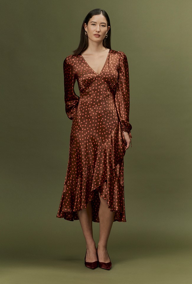 Holly Spot Print Frill Hem Satin Midi Dress